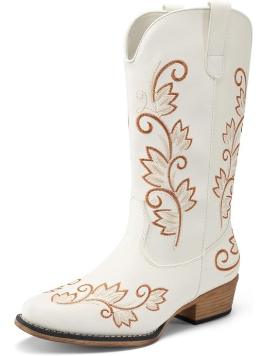 Shoes - Women's White Cowboy Cowgirl Western Mid Calf Boots Square Toe Embroidered